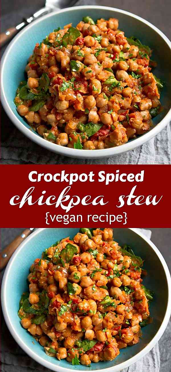 This is one of the best vegan slow cooker recipes I've had! Chickpeas spiced with coriander and ginger in a tomato sauce. 295 calories and 1 Weight Watchers SP | Vegetarian | Crockpot | Mediterranean | Easy | Dinner | Healthy | Spinach #cookincanuck #slowcookerrecipes #weightwatchers #healthyrecipes