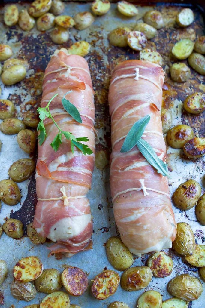 Prosciutto Wrapped Turkey Breasts with roasted LIttle potatoes.