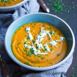 Creamy soup without the cream! This silky spiced Moroccan Carrot Soup is thickened with chickpeas and screams comfort with every bite. Serve it as an appetizer or light lunch. 166 calories and 1 Weight Watchers SP | Vegan | Vegetarian | Easy | Cream of | Dairy Free #carrotsoup #vegansoups #veganrecipes #weightwatchers #wwfreestyle