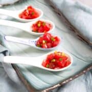 These ahi tuna poke appetizers take just 10 minutes to make, and are fantastic for New Year's Eve or cocktail parties. So much flavor in every bite! 21 calories and 0 Weight Watchers SP | Recipe | Appetizer | Healthy | Easy | Hawaiian | Marinade #tunapoke #ahirecipes #newyearseve #horsdoeuvres #easyappetizers #smartpoints
