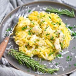 If there's someone in the family that doesn't like spaghetti squash, try out this Parmesan Herb Spaghetti Squash recipe on them. It changed my son's mind! 244 calories and 3 Weight Watchers SP | Healthy | Easy | Quick | Garlic | Low Carb | Gluten Free | Chicken | Dinner #spaghettisquash #wwrecipes #smartpoints #chickenrecipes #healthydinnerrecipes