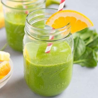 My all-time favorite smoothie! This Pineapple Spinach Smoothie is naturally sweet and is perfect for a grab-and-go breakfast or afternoon snack. 150 calories and 7 Weight Watchers SP | Healthy | Recipes | Benefits | Detox | Vegan | Without Yogurt | No Milk | Dairy Free | Plant Based | Mango | Orange | Banana #plantbased #vegansmoothies #dairyfreesmoothies #dairyfree #greensmoothie #pineapplesmoothie #weightwatchers