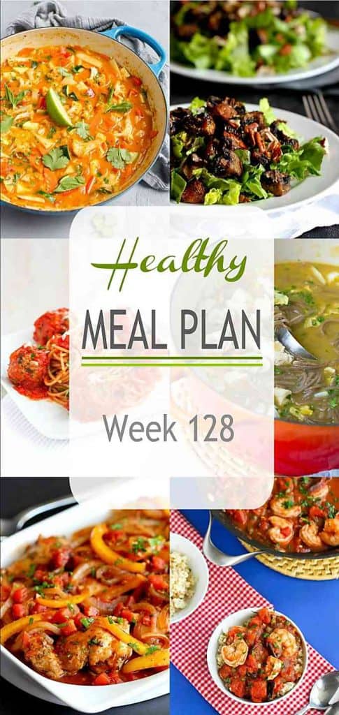 This week's healthy meal plan stars a flavorful vegan curry, slow cooker spaghetti and meatballs, a favorite chicken dish and much more! #mealplanning #dinner