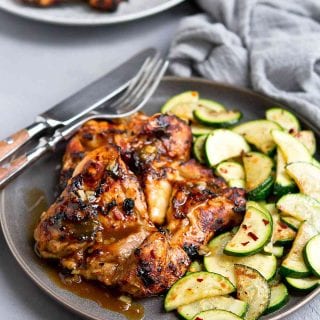 The glaze on these Honey Balsamic Air Fryer Chicken Thighs is to die for! A quick and easy chicken recipe with tons of flavor. 276 calories and 7 Weight Watchers SP | Boneless | Skinless | Healthy | Gluten Free | Fast | Marinade #airfryer #chickenthighs #chickenrecipes #airfryerchicken #wwrecipes #smartpoints