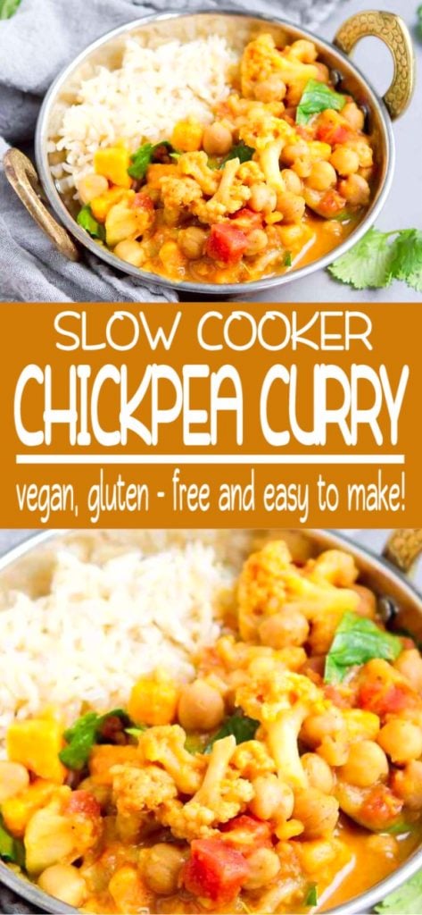 This slow cooker vegan chickpea curry recipe has been a long-time favorite in our house. It’s packed with nutrients and flavor! Plus, it’s a breeze to make. 181 calories and 2 Weight Watchers Freestyle SP | Plant Based | Vegetarian | Sweet Potato | Cauliflower | Coconut | Easy | Recipes | Crockpot | Healthy | Spinach and #plantbased #vegancurryrecipes #chickpeacurry #vegetablecurry #weightwatchers #smartpoints