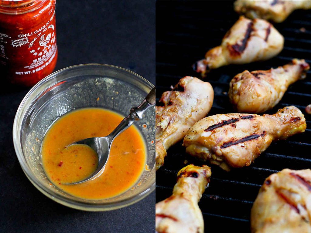 Collage of two photos. First photo - chicken marinade in a glass bowl, plus a bottle of chili garlic sauce. Second photo - chicken drumsticks cooking on a grill.
