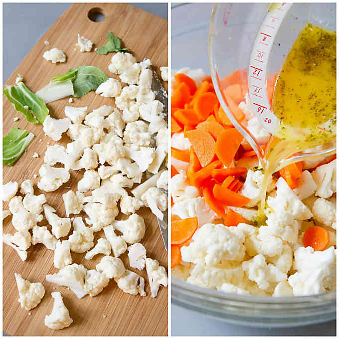 Two photos. Cauliflower florets and knife on cutting board. Pouring dressing on cauliflower and carrots in a glass bowl.