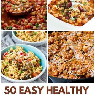 Collage with four meals - chickpeas, pasta, soup and skillet meal.
