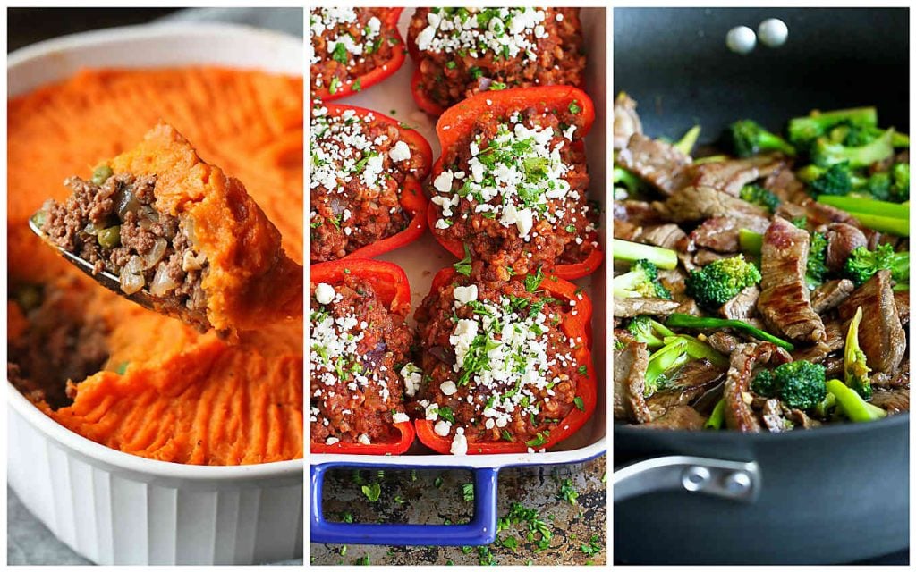 Collage of 3 pork and beef recipes. Shepherd's pie, stuffed peppers and beef broccoli stir fry.