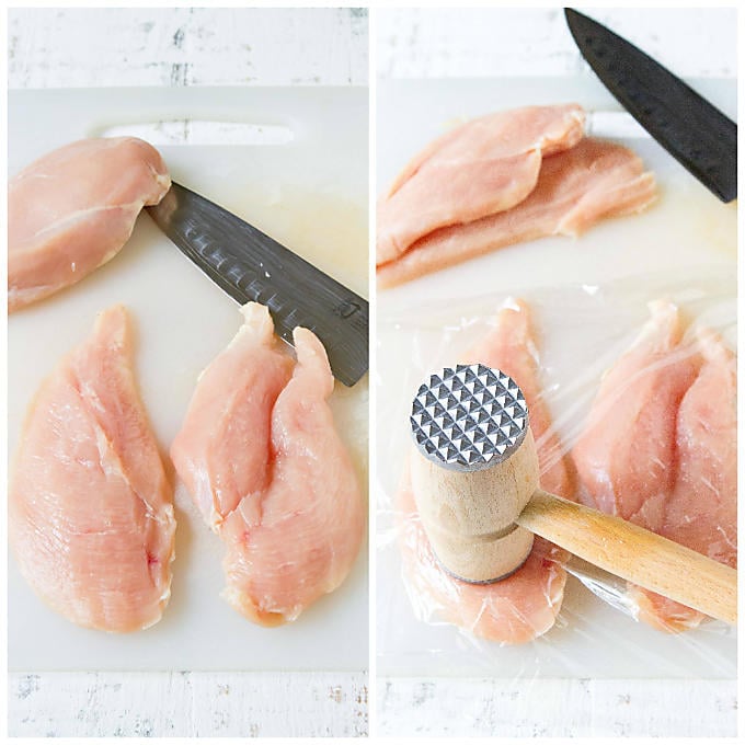 Two photos - chicken breasts being cut in half and pounded with meat mallet.