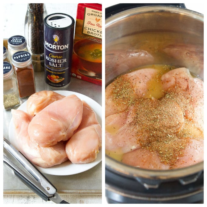 Shredded chicken ingredients on baking sheet and in an Instant Pot.