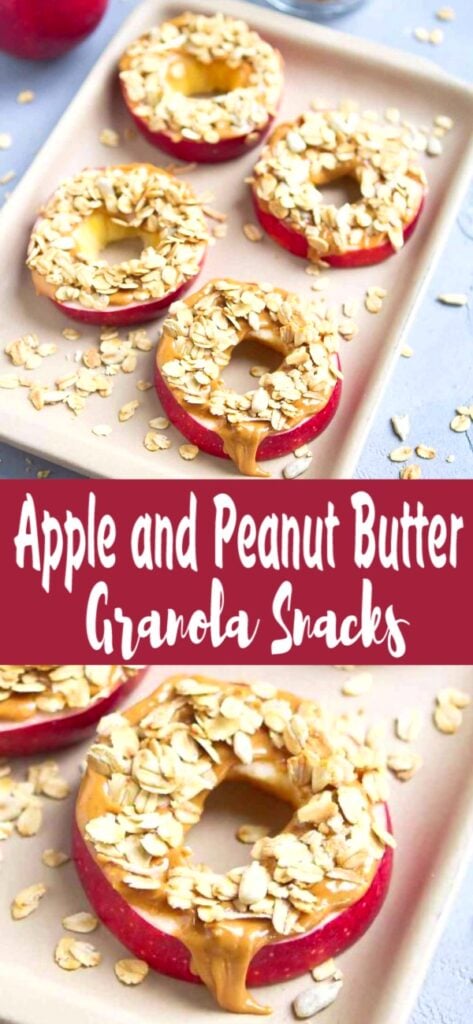 This 3-ingredient snack is popular with both kids and adults! Apple and Peanut Butter Granola Snacks help to curb those afternoon munchies. 126 calories and 3 Weight Watchers SP | Healthy | Snack | Breakfast | Vegan | Plant Based | Vegetarian | Gluten Free | Clean Eating | Apple with Peanut Butter