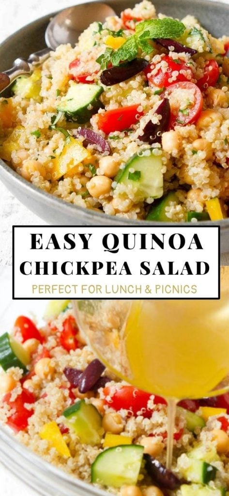 The best picnic salad! Make a batch of this quinoa salad with chickpeas and vegetables for your next bbq. Great for weekly meal prep, too. 225 calories and 5 Weight Watchers SP | Recipes | Healthy | Dressing | Vegan | Vegetarian #quinoasalad #chickpeasalad #plantbased #weightwatchers