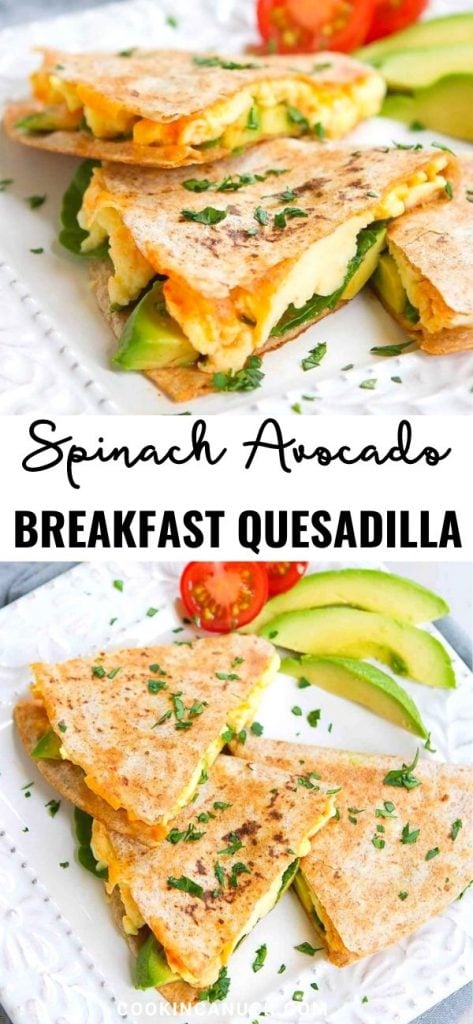 This breakfast quesadilla, filled with eggs, avocado, spinach and cheese, is a favorite around here. Great for brunch or quick breakfasts. 238 calories and 4 Weight Watchers SP