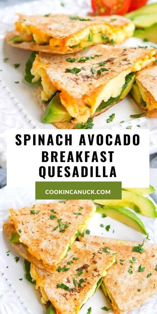 This easy breakfast quesadilla is filled with scrambled eggs, avocado, spinach and cheese. Delicious! 238 calories and 5 Weight Watchers SP