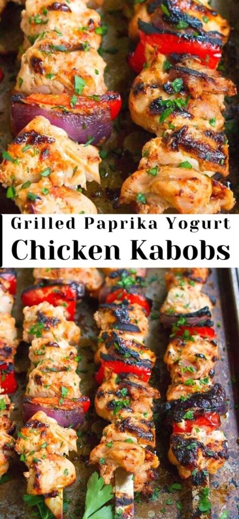 These grilled chicken kabobs with veggies are so tender and delicious! Marinated in yogurt and spices. 237 calories and 4 Weight Watchers SP | Thighs | Grilled | Baked | Marinade | On the grill