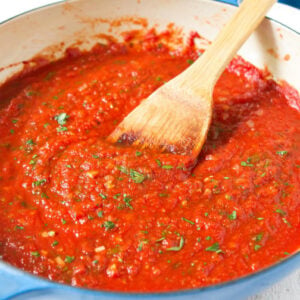Homemade tomato sauce in large skillet.