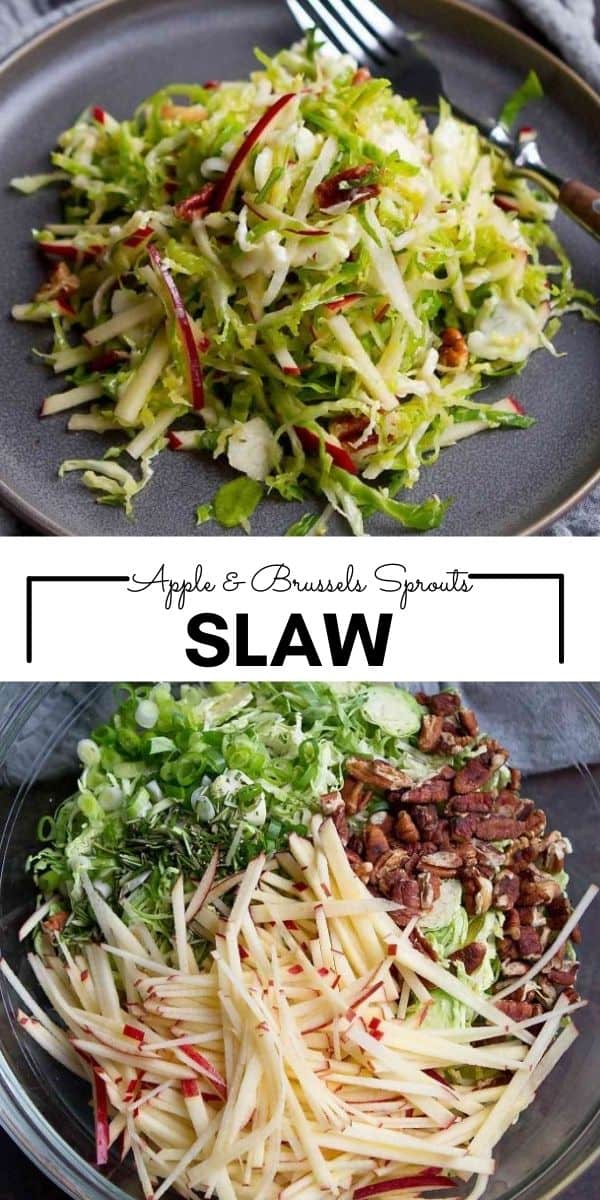 Raw Brussels sprouts and apple slaw is a great side dish recipe for any meal, Thanksgiving included! 88 calories and 2 Weight Watchers SP | Healthy | Recipes | Easy | Dressing | Easy | Vegan | Shredded | Raw | Plant Based