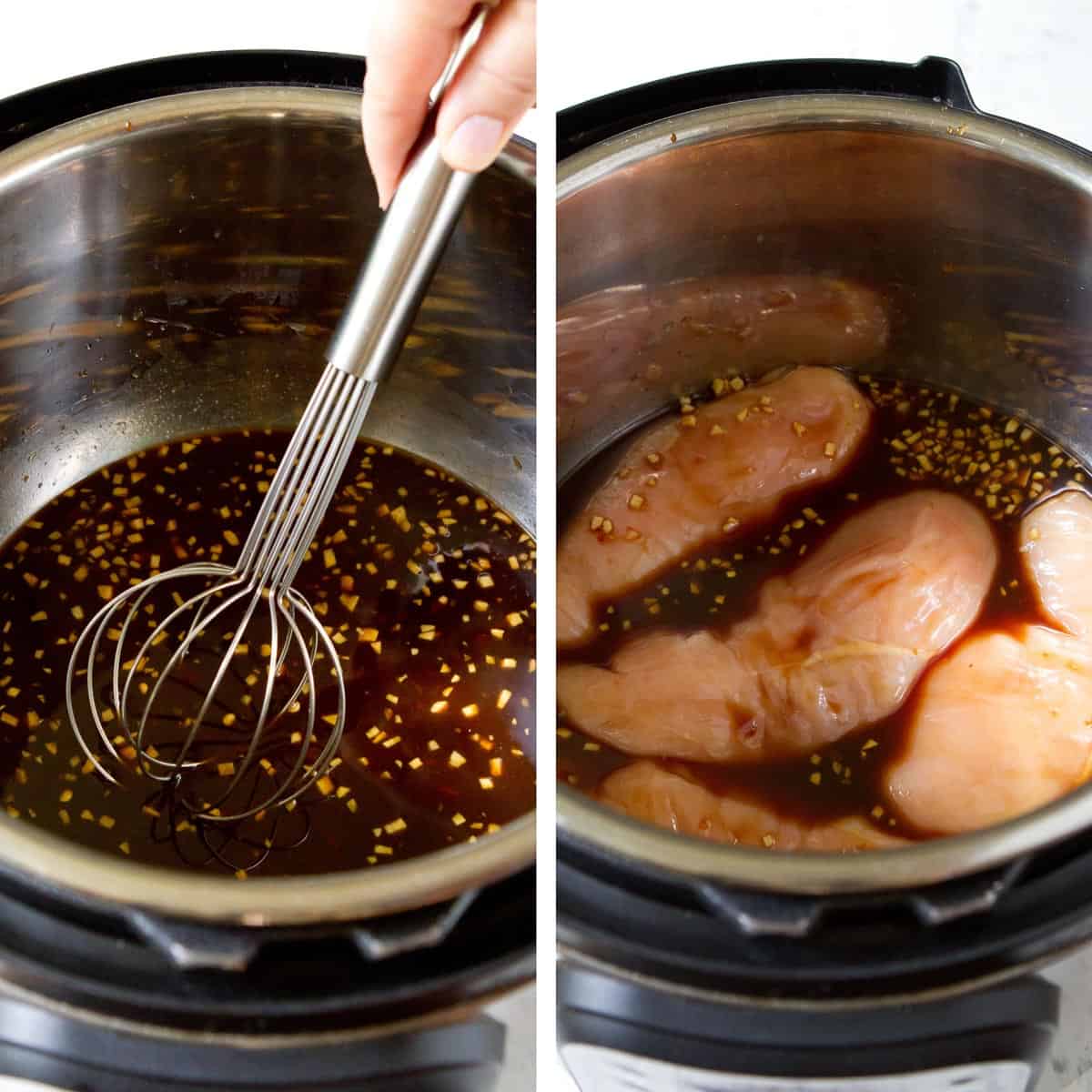 Collage of whisking sauce and cooking chicken breasts in Instant Pot.