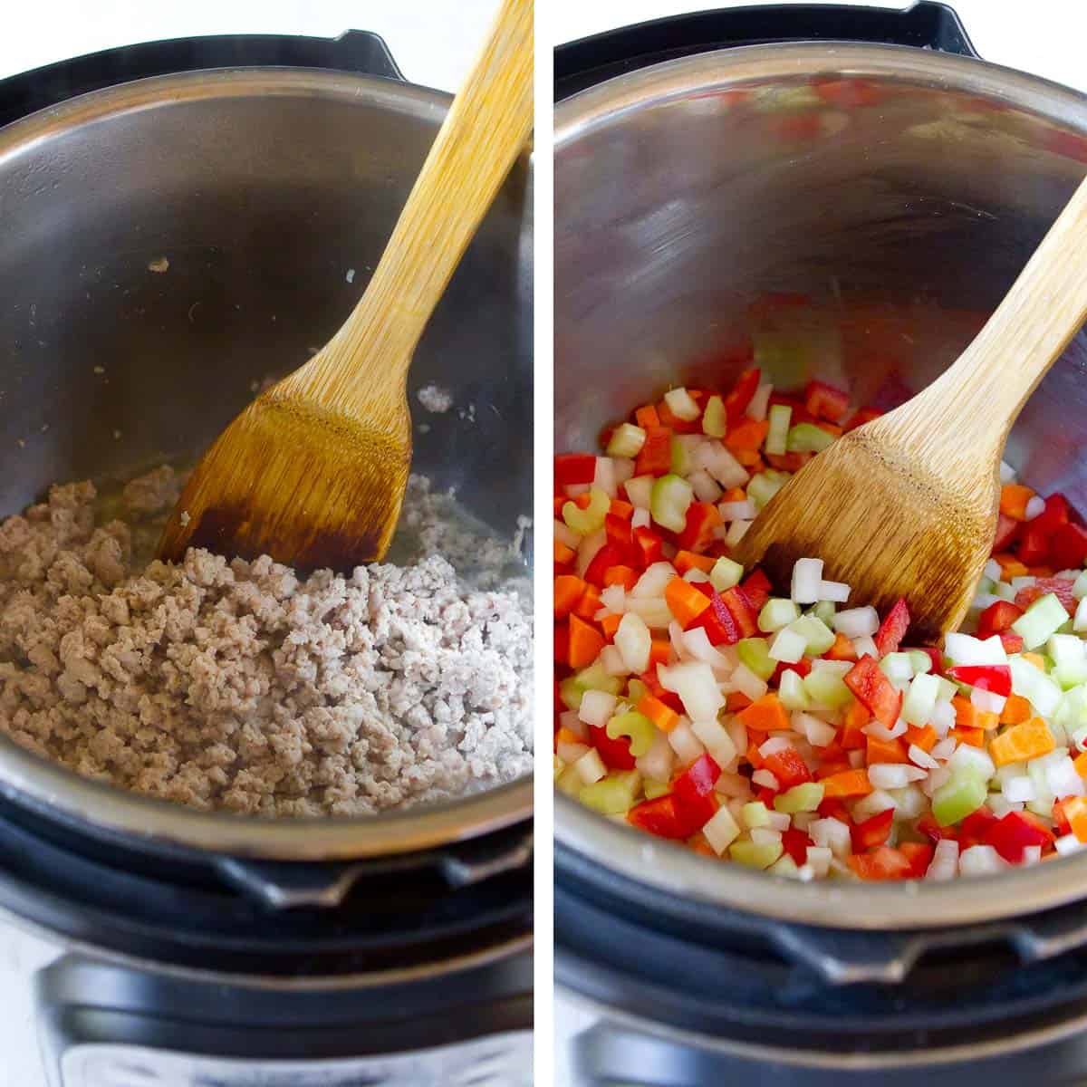 Cooked ground turkey and diced vegetables in an Instant Pot.