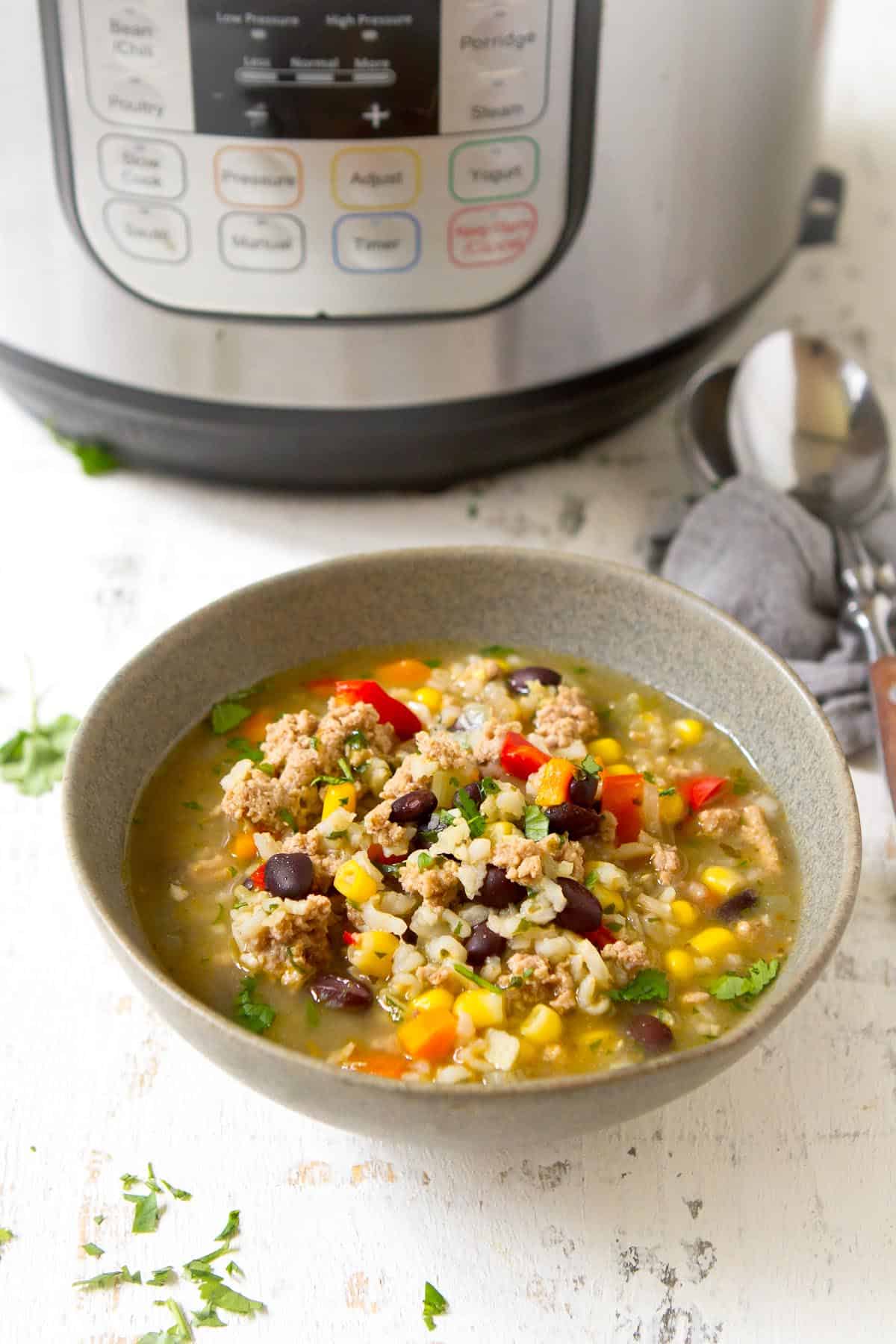 A gray bowl filled with turkey and black bean soup, with an Instant Pot behind.