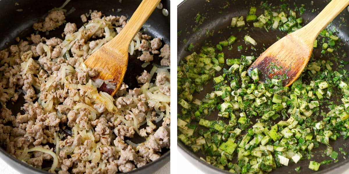 Collage of cooking sausage and celery-green onion mixture in a large skillet.