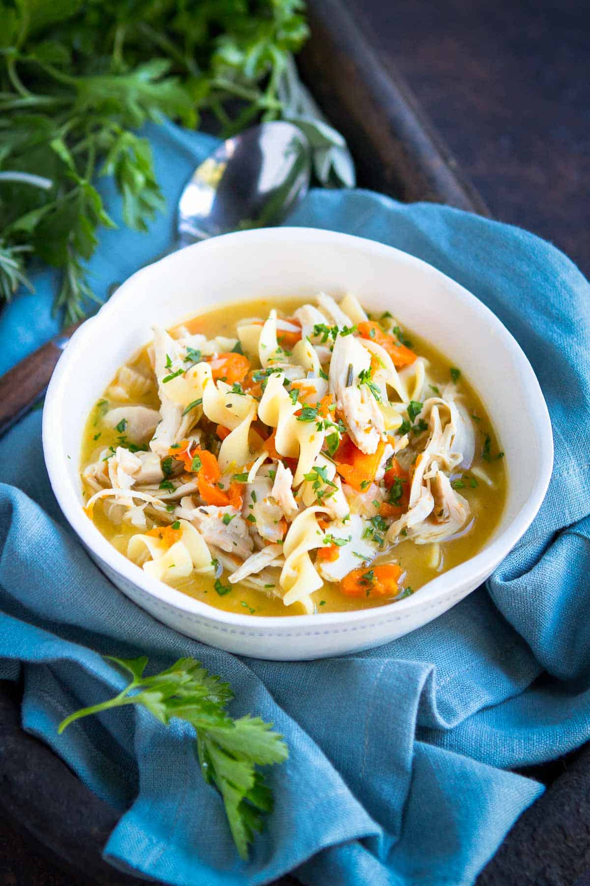 nstant Pot turkey soup with noodles in a white bowl.