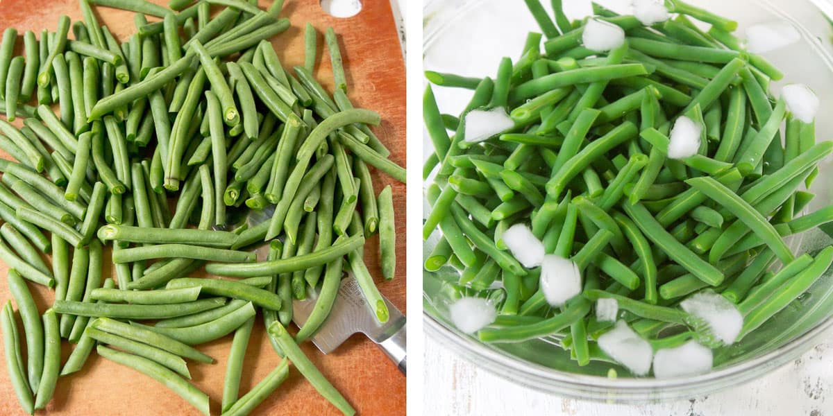 Collage of green beans on cutting board and in a bowl of ice water.
