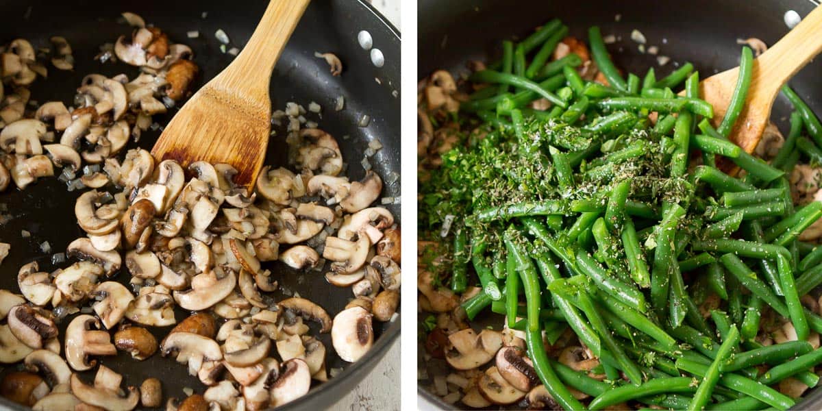 Collage of sautéed mushrooms and green beans in a nonstick skillet.