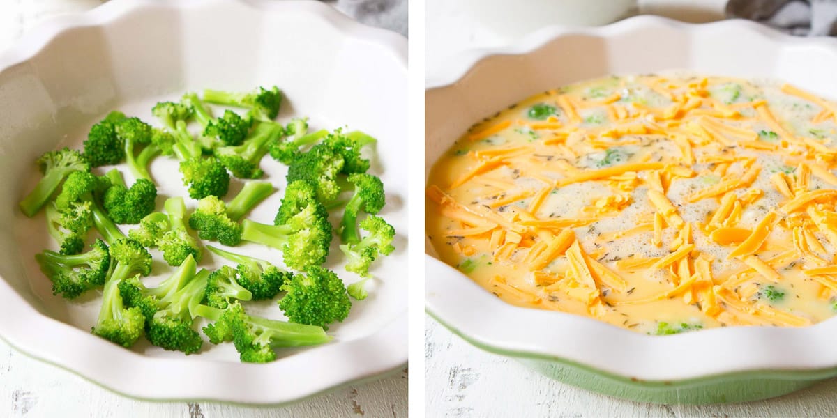 Collage of Broccoli florets and egg cheese mixture in a pie dish.