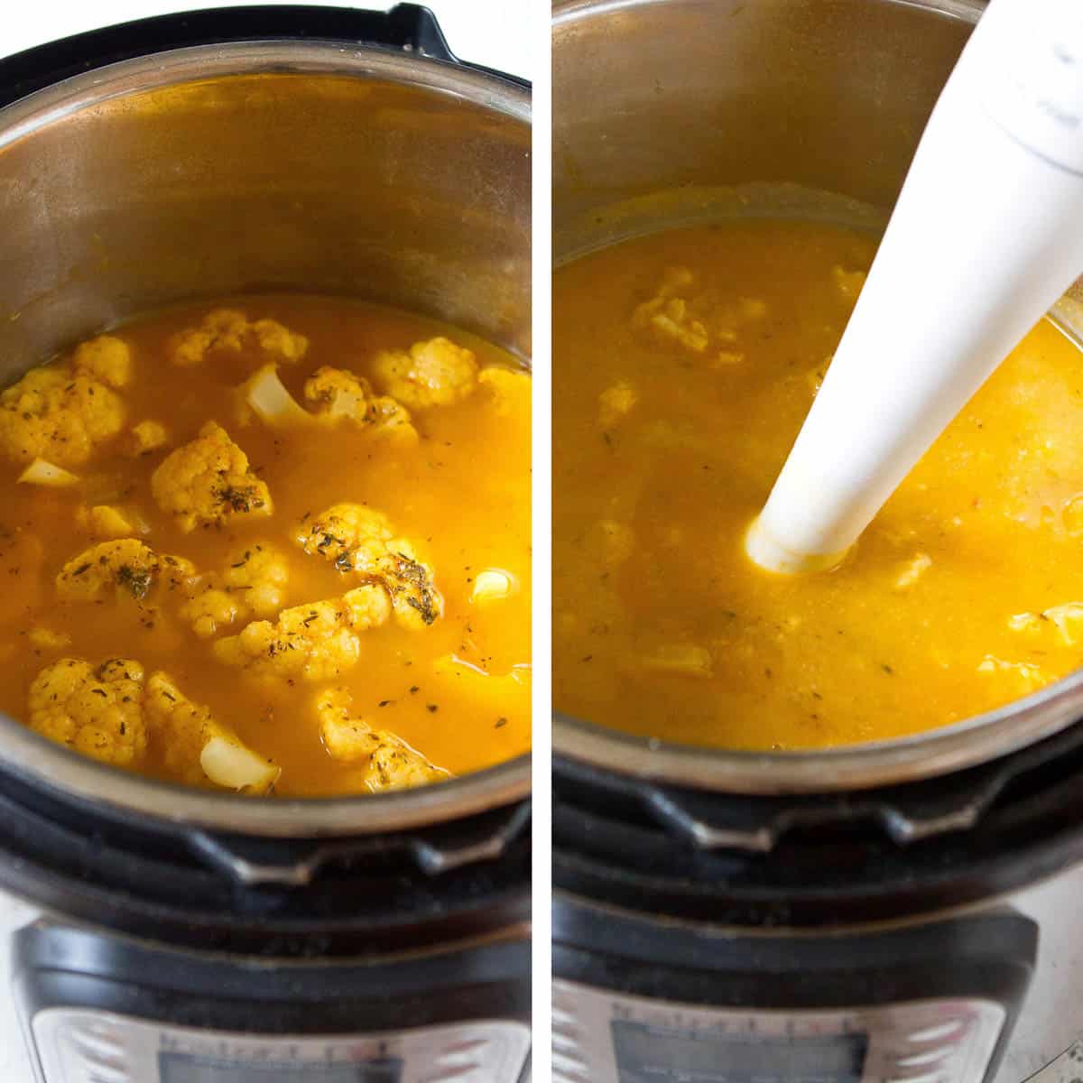 Cauliflower and broth in an Instant pot, with an immersion blender.