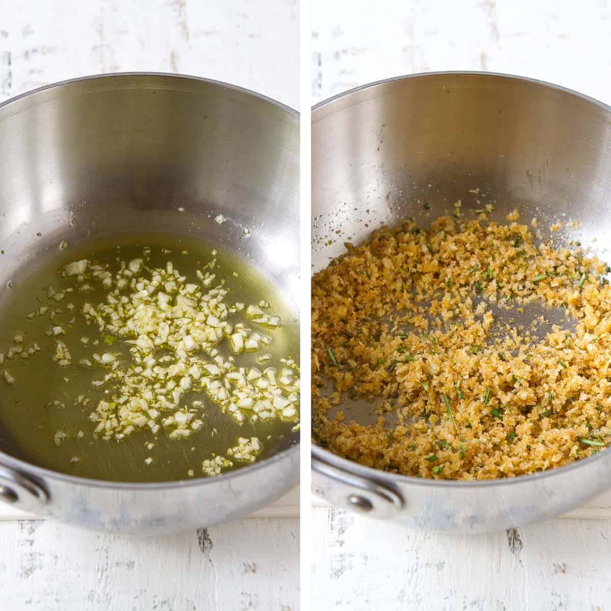Garlic in olive oil and breadcrumb mixture in a saucepan.