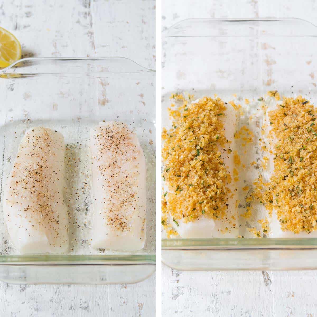 Cod fillets in glass baking dish, topped with panko bread crumbs.