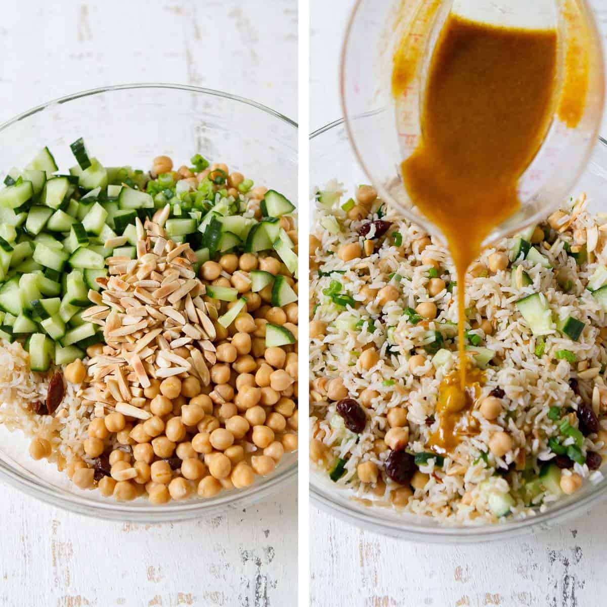 Collage of curried rice salad in a glass bowl and pouring dressing over it.