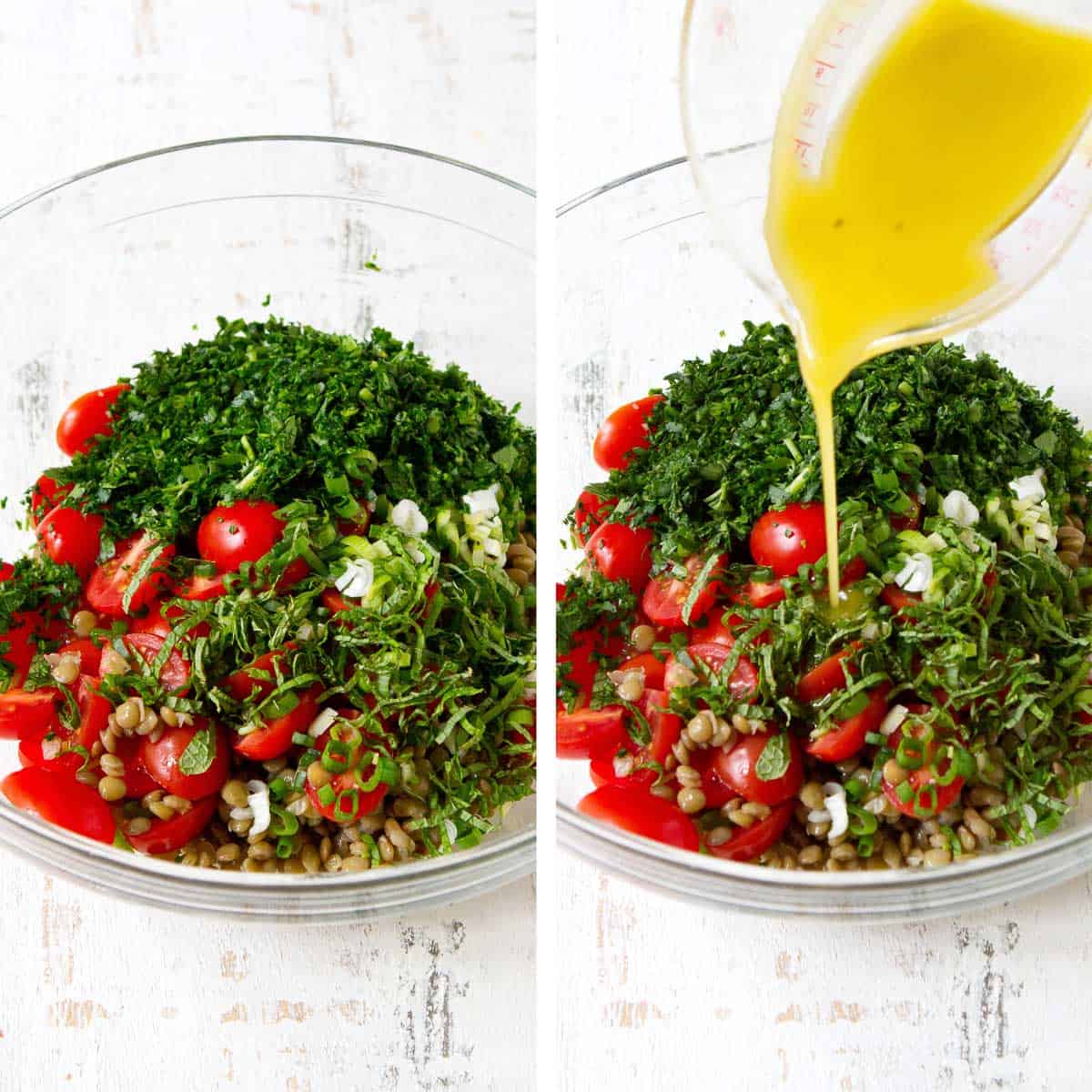 Collage of steps for making lentil salad and pouring dressing over top.