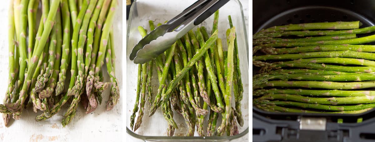 Collage of asparagus in a glass baking dish and in an air fryer basket.