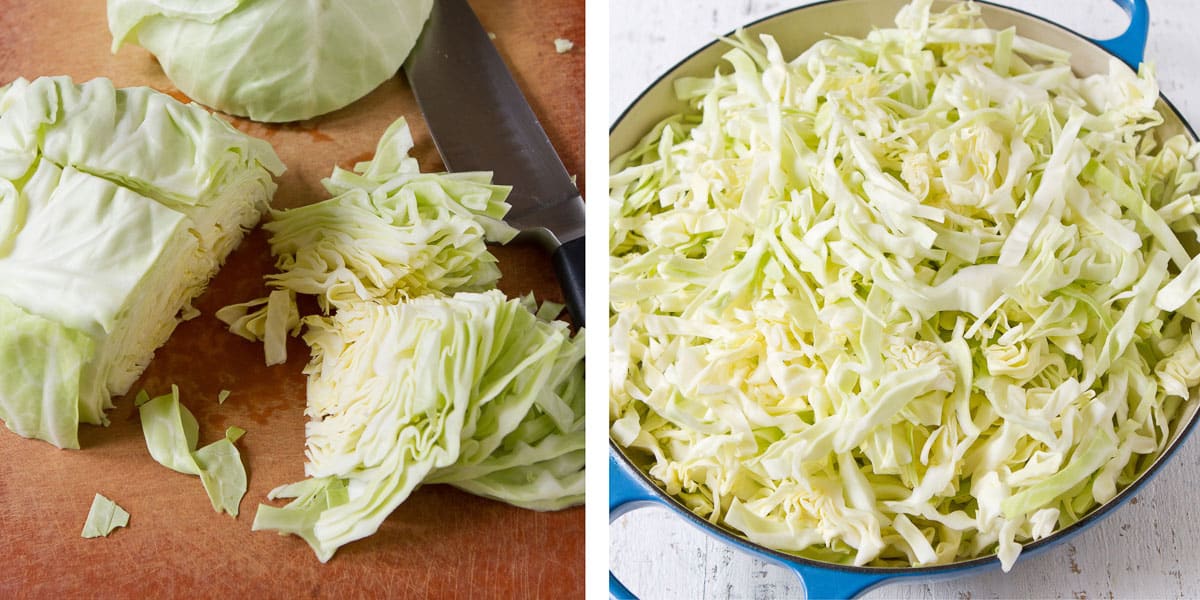 Collage of cut cabbage on a cutting board and in a blue skillet.