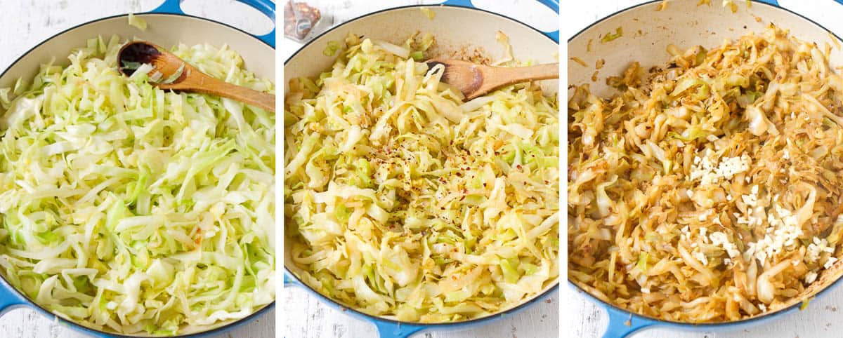 Collage of cabbage cooking in a large skillet, progressively becoming more brown.
