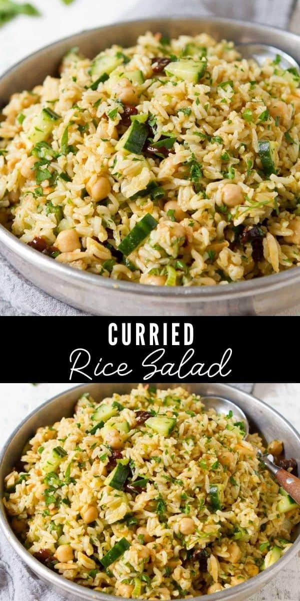 This easy cold rice salad is packed with vegetables, chickpeas and an easy curry dressing. Great plant based lunch idea! | Vegan | Plant Based | Recipes cold