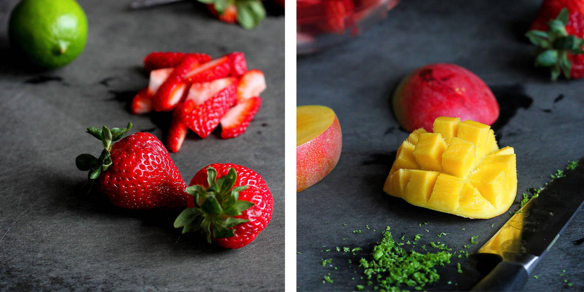 Collage of cutting strawberries and a mango on a black cutting board.