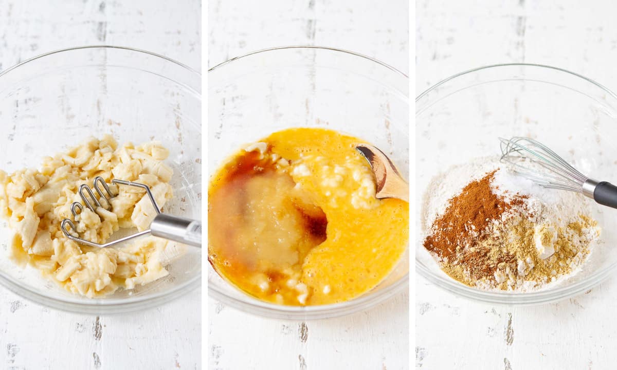 Collage of glass bowls with smashed bananas, egg mixture and flour mixture.