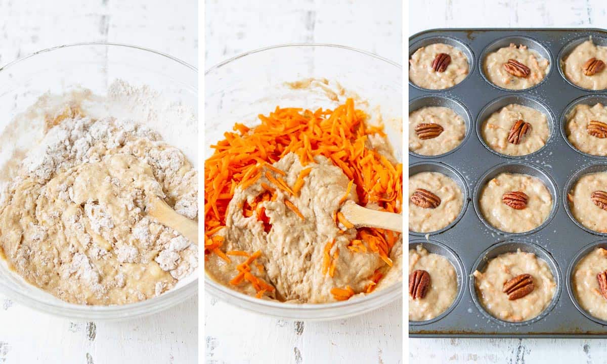 Collage of glass bowls with muffin batter and uncooked muffins in baking tin.