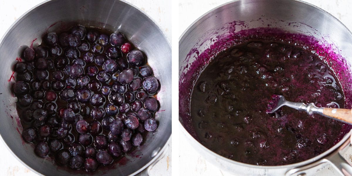 Collage of blueberries and blueberry syrup in a saucepan.