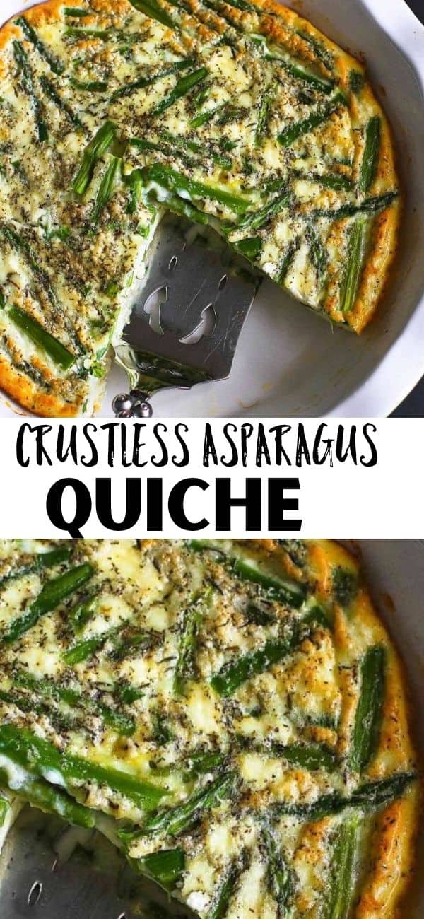 Celebrate the arrival of spring with this easy crustless asparagus quiche recipe. You’ll never guess what the secret ingredient is to lighten it up! | Recipes | Easy | Brunch | Easter | Healthy | Low Carb | Vegetarian | Without Meat 