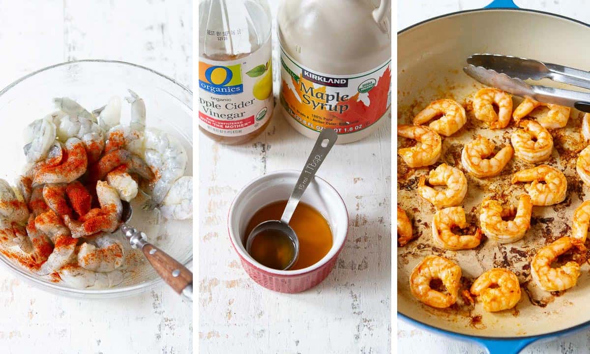 Collage of shrimp in a bowl and a skillet, and maple syrup in a small bowl.