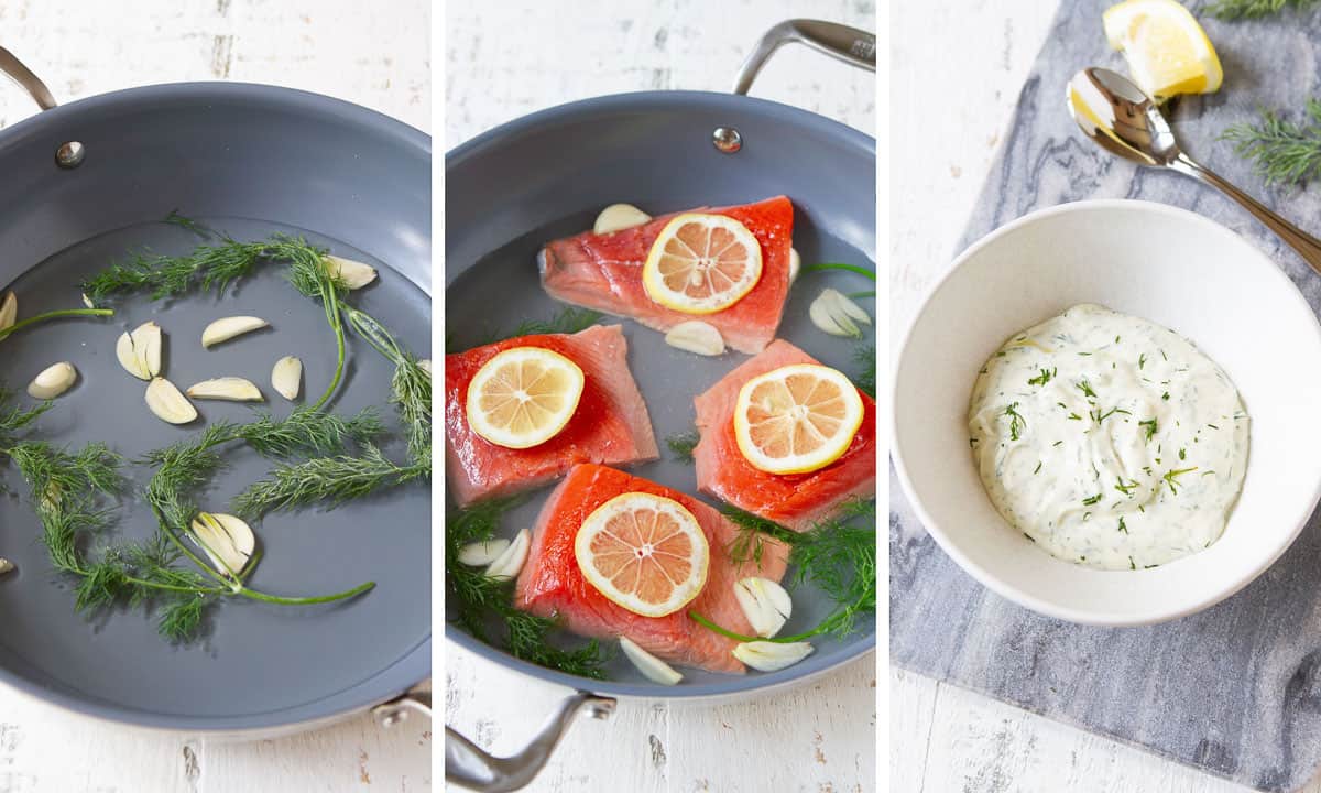 Collage of steps to make poached salmon and dill sauce.