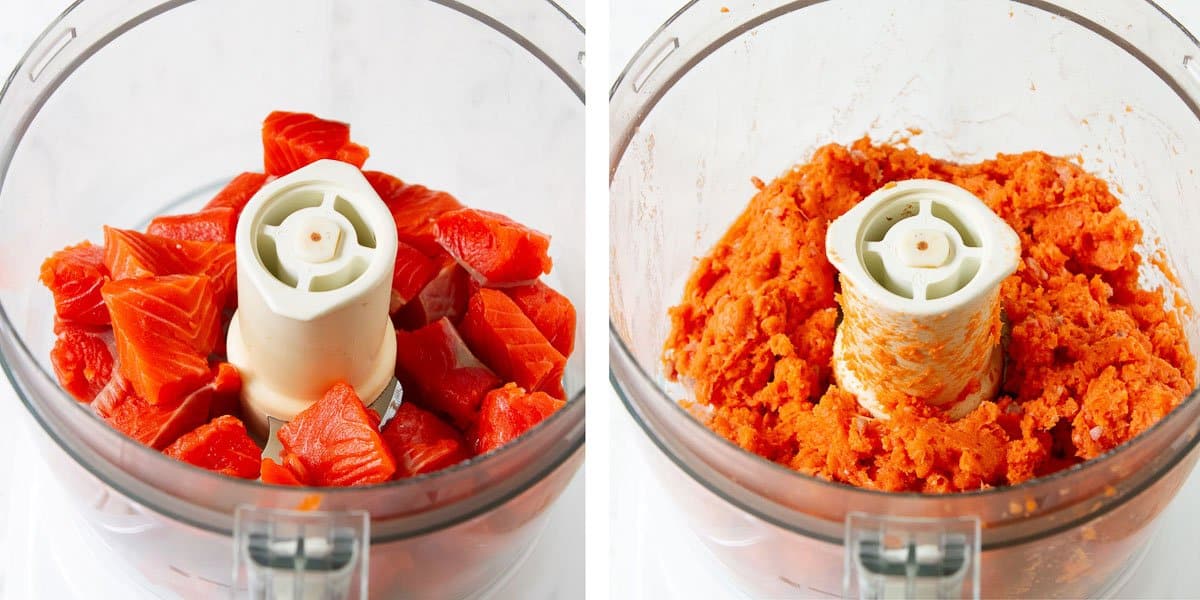 Collage of salmon chunks and chopped salmon in food processor.