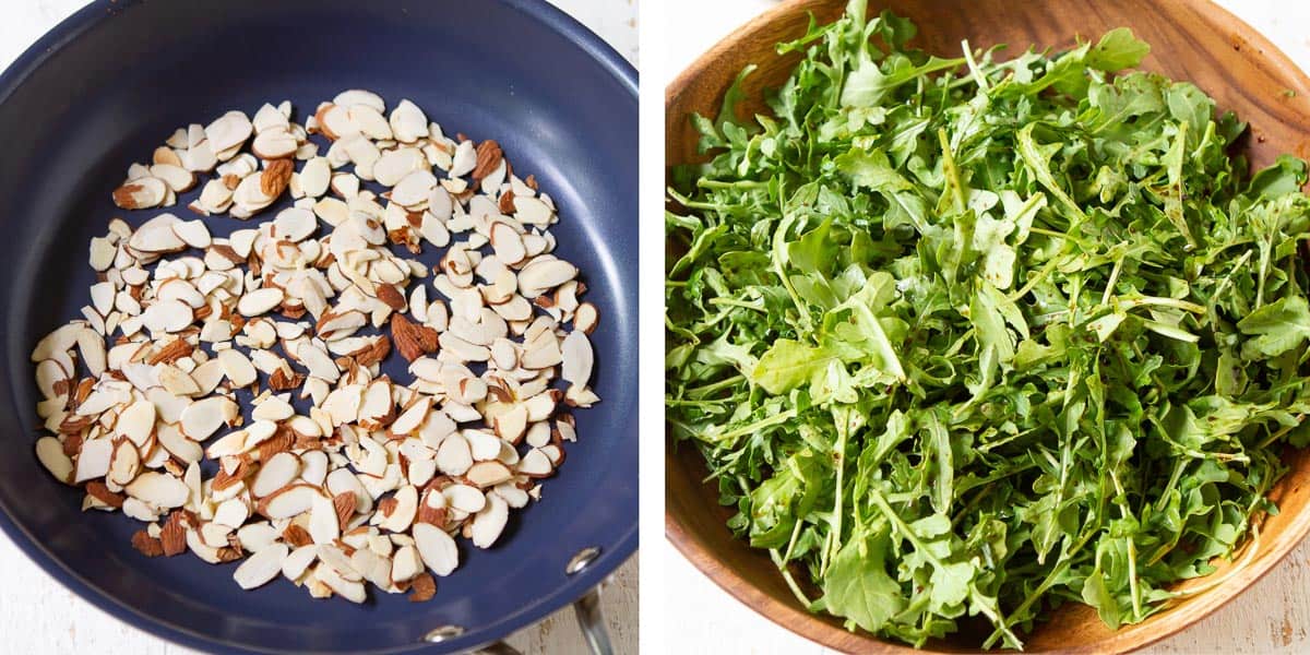 Collage of almonds in a skillet and arugula in a salad bowl.