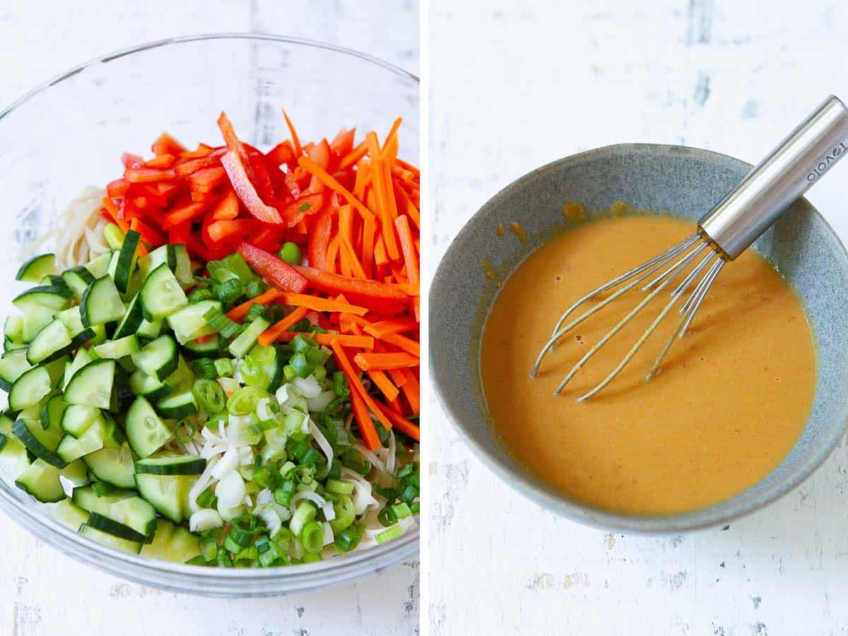 Collage of rice noodles and vegetables in a glass bowl, and a bowl with peanut dressing.