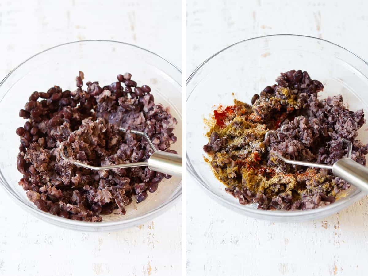 Collage of mashed black beans with spices in a glass bowl.